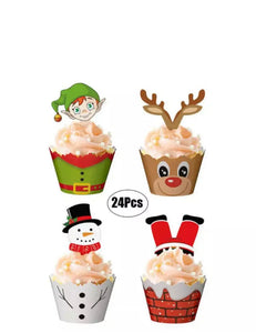 PRE ORDER Christmas cup cake muffin wrappers with toppers 24 pc Santas Workshop Direct