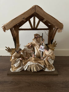 10"Christmas Nativity Holy Family with Angles on 16.25"Stable,with barn animals