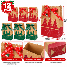 12pcs Christmas Kraft Cookie Gift Bags with Ribbon – Red & Green Festive Treat and Party Favour Boxes, 18.2 × 11.7 × 7.2 cm