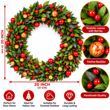 Handmade 20-Inch (51cm) Red Christmas Wreath – Bauble & Berry Door Decoration