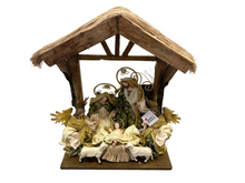 10”Christmas Nativity Holy Family with Angles on 16.25"Stable,with barn animals - Santas Workshop Direct 