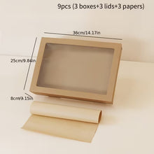 9pcs (3pcs Boxes+3pcs Lids+3pcs)3-Pack Extra-Large Kraft Picnic & Grazing Boxes with Clear Window Lids and Oil-Proof Liners – 36 × 25 × 8 cm