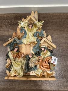 8"(20 cm) Religious Holy Family with Angel on stable 17.5"( 45 cm approx)