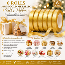 6 Rolls Gold Ribbon 10mm – Premium Gift Wrapping Ribbon for Christmas, Wedding Favours, Gift Boxes, Cake Decorating, Floristry & DIY Crafts