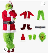 Book Week Adult Kids Grinch Santa Green Monster Costume 7Pcs Furry Santa Suit