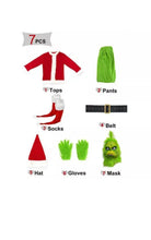 Book Week Adult Kids Grinch Santa Green Monster Costume 7Pcs Furry Santa Suit
