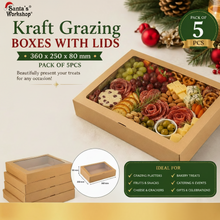 5PCS Large Kraft Grazing Boxes with Clear Lids 360x250x80mm – Charcuterie, Bakery & Food Gift Packaging