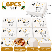 6PCS Christmas Reindeer Cookie Bakery Gift Boxes – White & Gold Treat Packaging for Cookies, Cupcakes, Candy & Desserts, 14 × 14 × 5cm