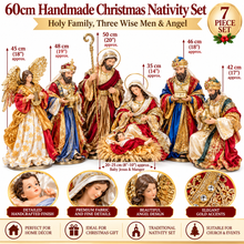 60cm Handmade Christmas Nativity Set – 7 PCS Holy Family, Three Wise Men & Angel Religious Manger Display for Home and Church