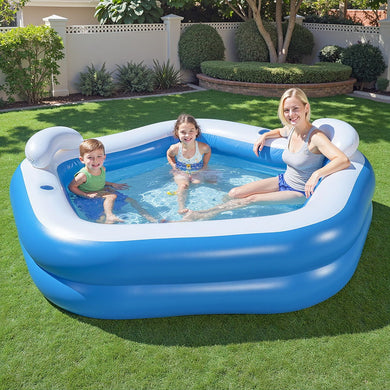 Kids Inflatable Pool Above Ground Pools Seat Cushions Cup Holder 213x206cm - Santas Workshop Direct 