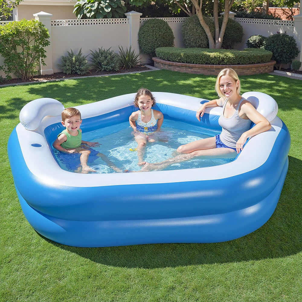Kids Inflatable Pool Above Ground Pools Seat Cushions Cup Holder 213x206cm - Santas Workshop Direct 