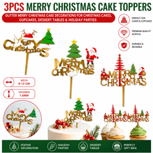 3pcs Merry Christmas Red Green & Gold Cake Toppers | Glitter Merry Christmas Cake Decorations for Christmas Cakes, Cupcakes, Dessert Tables & Holiday Parties