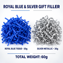 60g Royal Blue & Silver Metallic Shredded Paper – Gift Box, Sports, Graduation and Celebration Hamper Filler