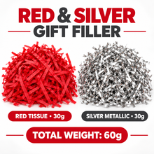 60g Red & Silver Metallic Shredded Paper – Christmas, Valentine’s Gift Box and Hamper Filler