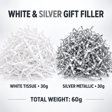 60g White & Silver Metallic Shredded Paper – Wedding, Baby Shower, Gift Box and Luxury Hamper Filler