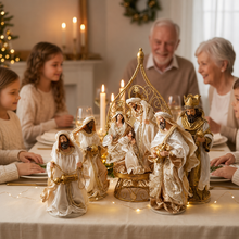 45cm Gold & White Holy Family Nativity Set in Gazebo – Handmade Christmas Religious Decoration with 3 Wise Men