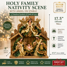 8" (20cm) Religious Holy Family with Angel on Stable – 17.5" (45cm) Nativity Scene Figurine, Christian Christmas Home Decor & Holiday Gift