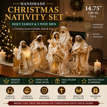 14.75" (38CM) Handmade Christmas Nativity Set – Holy Family & 3 Wise Men Figurines, Religious Christian Home Decor, Nativity Scene Holiday Gifts