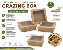3pk Medium Square Kraft Grazing Box with Window Lid (22.5 x22.5 x 6cm)