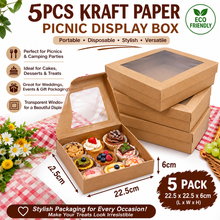 5pcs Portable Kraft Paper Picnic Display Box, Disposable Card Display Box with Lid, Transparent Window, Camping Dessert Cake Box, Suitable for Picnics, Camping Parties, Weddings And Other Packaging Boxes, Kitchen Supplies - 22.5cm x 22.5cm x 6cm