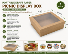 5pcs Portable Kraft Paper Picnic Display Box, Disposable Card Display Box with Lid, Transparent Window, Camping Dessert Cake Box, Suitable for Picnics, Camping Parties, Weddings And Other Packaging Boxes, Kitchen Supplies - 22.5cm x 22.5cm x 6cm