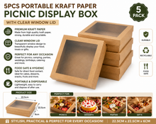 5pcs Portable Kraft Paper Picnic Display Box, Disposable Card Display Box with Lid, Transparent Window, Camping Dessert Cake Box, Suitable for Picnics, Camping Parties, Weddings And Other Packaging Boxes, Kitchen Supplies - 22.5cm x 22.5cm x 6cm