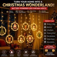 Set of Battery powdered Christmas LED Curtain Lights Featuring Charming Designs of Santa, Reindeer, Snowman, And Trees. These Glamorous String Lights Made of Plastic Are Perfect for Indoor Decoration in Homes, Bedrooms, And Parties