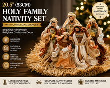 🎄 20.5" (53cm) Brown Holy Family Nativity Set with Christmas Manger – Handmade Religious Christian Christmas Scene, Holiday Home Decor & Gift ✨