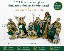 15.5’’ Christmas Religious Handmade Nativity Set with Angel - Scene with Manger (51 cm)