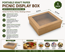 5pcs Portable Kraft Paper Picnic Display Box, Disposable Card Display Box with Lid, Transparent Window, Camping Dessert Cake Box, Suitable for Picnics, Camping Parties, Weddings And Other Packaging Boxes, Kitchen Supplies - 22.5cm x 22.5cm x 6cm