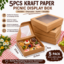 5pcs Portable Kraft Paper Picnic Display Box, Disposable Card Display Box with Lid, Transparent Window, Camping Dessert Cake Box, Suitable for Picnics, Camping Parties, Weddings And Other Packaging Boxes, Kitchen Supplies - 22.5cm x 22.5cm x 6cm