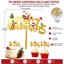 1pc Merry Christmas Gold Cake Toppers | Glitter Merry Christmas Cake Decorations for Christmas Cakes, Cupcakes, Dessert Tables & Holiday Parties