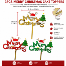 3pcs Merry Christmas Red Green & Gold Cake Toppers | Glitter Merry Christmas Cake Decorations for Christmas Cakes, Cupcakes, Dessert Tables & Holiday Parties