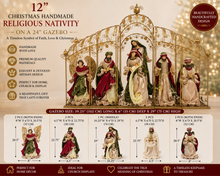 PRE ORDER 12" Handmade Christmas Nativity Set in 24" Gold Gazebo – Large Holy Family, Angel & Three Wise Men Religious Christmas Display PRE ORDER