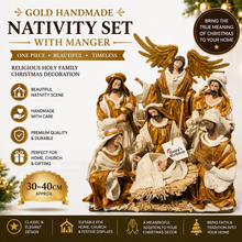 Gold Handmade Christmas Nativity Set with Manger 30–40cm – Religious Holy Family Holiday Decoration (one piece)