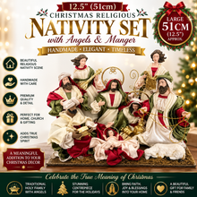12.5’’ Christmas Religious Handmade Nativity Set with Angels and Manger - 51 cm