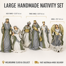 25.75″ Holy Family & Three Kings with 19.5″ Angel Handmade Nativity Set – Large Ivory, Sage Green & Gold Christmas Display