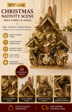 8"(20 cm) Christmas Religious Holy Family with Angel on stable 17.5"( 45 cm approx)