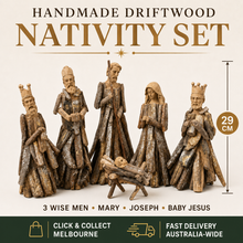Handmade Driftwood Nativity Set 29cm – Holy Family & 3 Wise Men Rustic Christian Christmas Decoration