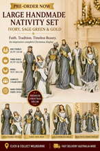 PRE ORDER 25.75″ Holy Family & Three Kings with 19.5″ Angel Handmade Nativity Set – Large Ivory, Sage Green & Gold Christmas Display