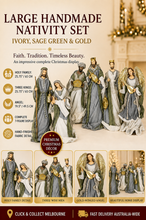 PRE ORDER 25.75″ Holy Family & Three Kings with 19.5″ Angel Handmade Nativity Set – Large Ivory, Sage Green & Gold Christmas Display
