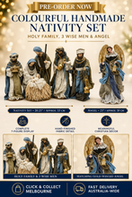 Pre ORDER Colourful 20.25″ Handmade Christmas Nativity Set with Holy Family, 3 Wise Men & 23″ Angel – 53cm Religious Manger Scene
