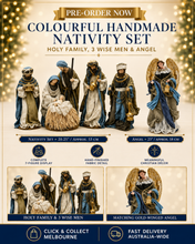 Pre ORDER Colourful 20.25″ Handmade Christmas Nativity Set with Holy Family, 3 Wise Men & 23″ Angel – 53cm Religious Manger Scene