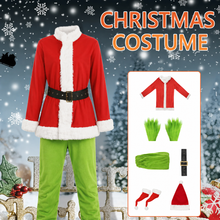 6pcs Deluxe Green Santa Costume for Adults, Perfect for Halloween And Christmas. The Furry Outfit Includes a Top, Pants, Gloves, Belt, And Socks