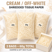 3 Bags Cream Off-White Shredded Tissue Paper, 20g Each, 60g Total Gift Box and Hamper Filler for Weddings, Birthdays, Christmas and Parties