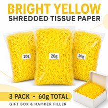 3 Pack Bright Yellow Shredded Tissue Paper Hamper Filler (20g Each) – Gift Box & Basket Packaging Decoration