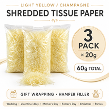 Light yellow / Champagne Shredded tissue paper hamper filler 20grams 3 pack x 20grams Gift Wrapping Shredded Paper, Suitable for Wedding, Valentine'S Day, Father'S Day, Mother'S Day, Christmas, Party Decoration