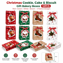 12pcs Christmas Cookie & Treat Gift Bags with Ribbon – Red Green White Brown Holiday Bakery Packaging, 12 × 7 × 18 cm
