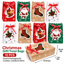 12pcs Christmas Cookie & Treat Gift Bags with Ribbon – Red Green White Brown Holiday Bakery Packaging, 12 × 7 × 18 cm