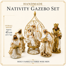45cm Gold & White Holy Family Nativity Set in Gazebo – Handmade Christmas Religious Decoration with 3 Wise Men